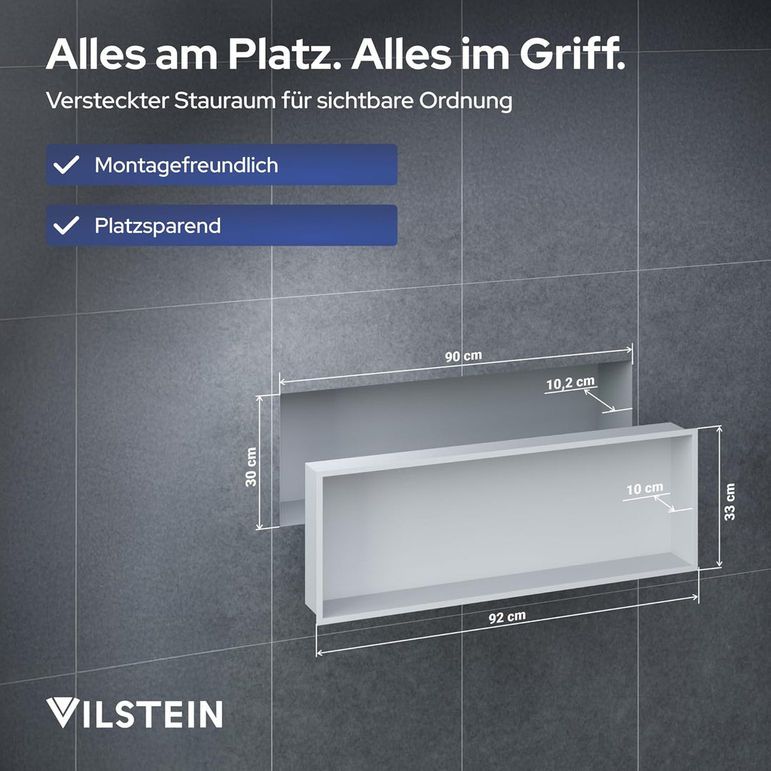 VILSTEIN Wandnische Dusche 30x90 cm [ROSTFREI] - Randlose Nische - Wandnische Weiss - Einbauregal fü