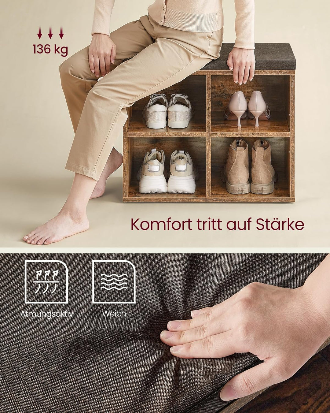 VASAGLE Schuhbank, Schuhregal mit Sitzfläche, Sitzbank mit Stauraum, Kissen, 4 Fächer, verstellbare