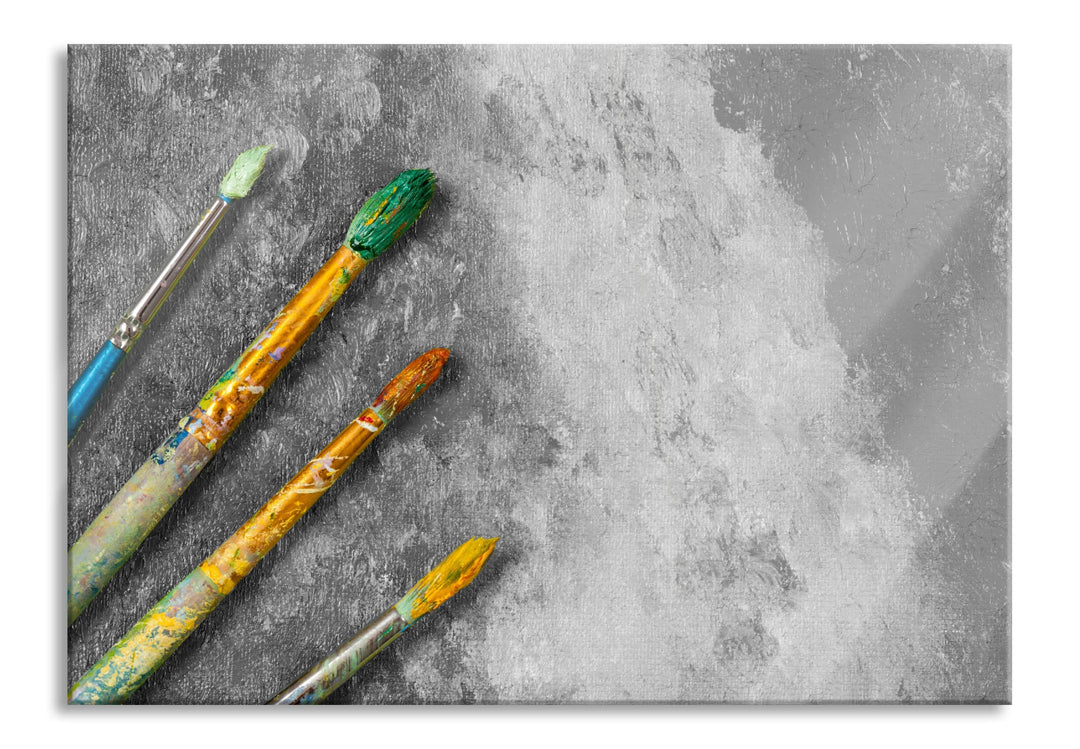 Glasbild | Wandbild aus Echtglas | Gelber Pinsel & Bild | 100x70 cm | inkl. Aufhängung und Abstandsh