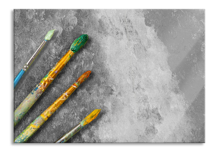 Glasbild | Wandbild aus Echtglas | Gelber Pinsel & Bild | 100x70 cm | inkl. Aufhängung und Abstandsh