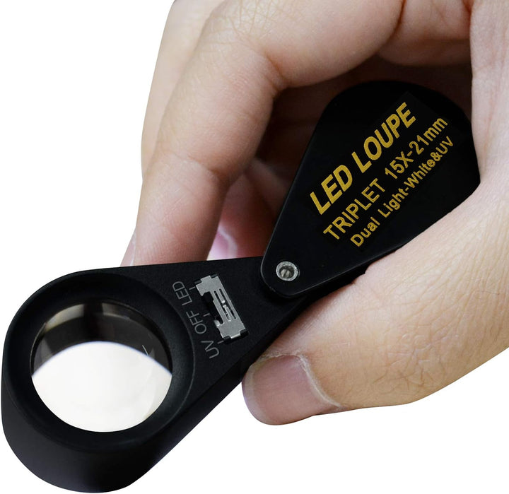 15x Vergrösserungsglas Schmuck Lupe LED UV Licht 21mm Achromatisch Triplett Linse Optisch Glas Tasch