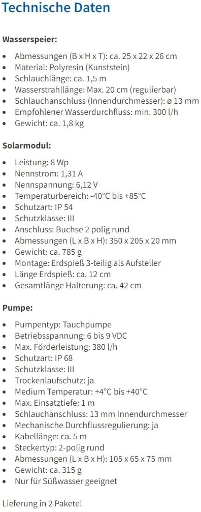 Esotec Solar Wasserspeier Set Nilpferd, Solarpumpe, Teichfigur Gartenfigur Gartenstatue, Tauchpumpe,