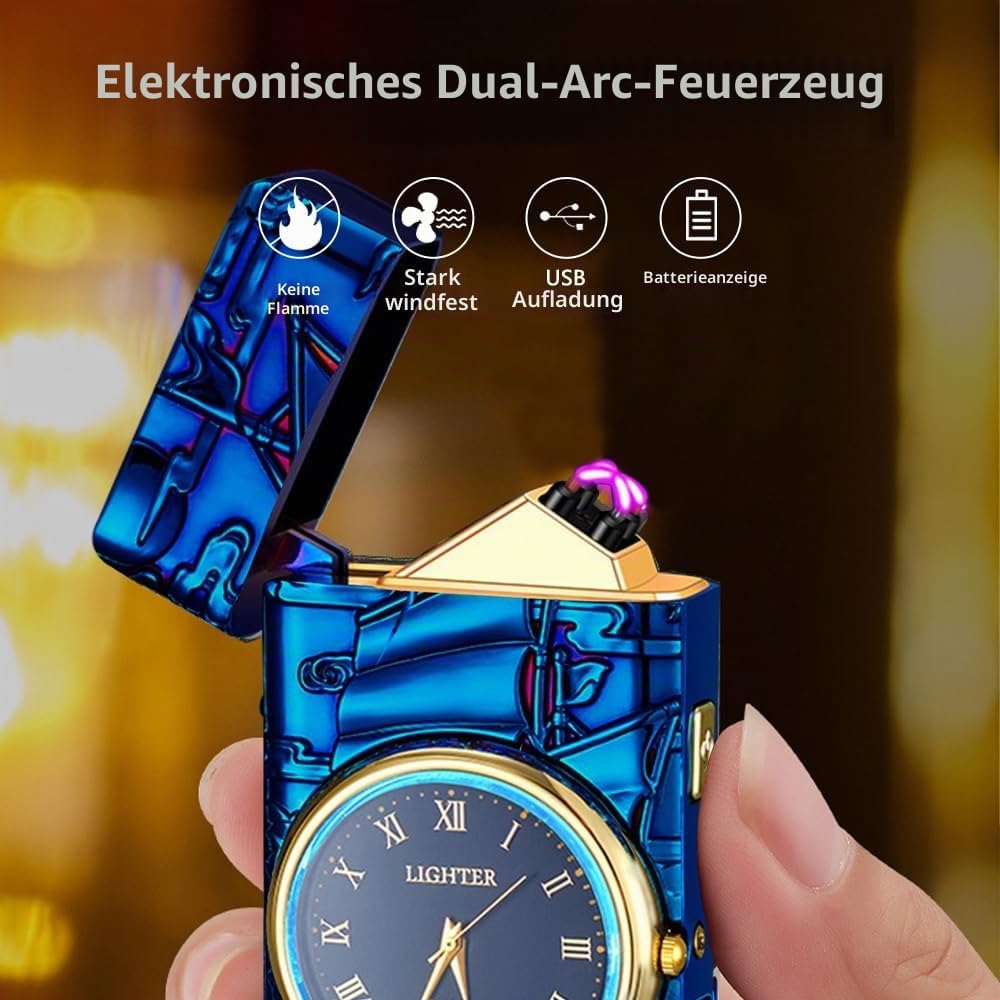 Elektrisches Feuerzeug mit Muster, Personalisierbar mit Uhr, Lichtbogen mit Batterieanzeige, Plasma