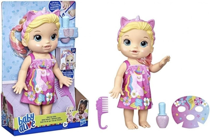 Baby Alive F3564 Baby Beauty Babypuppe, 32,5 cm, Einhorn-Motiv, magisches Make-up und Nägel, Blondes
