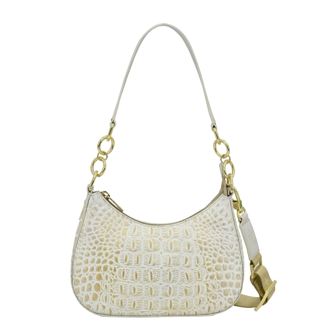 Anuschka Women's Hobobag aus Echtleder, handbemalt, kleine Grösse Croco Embossed Cream Gold, Croco E