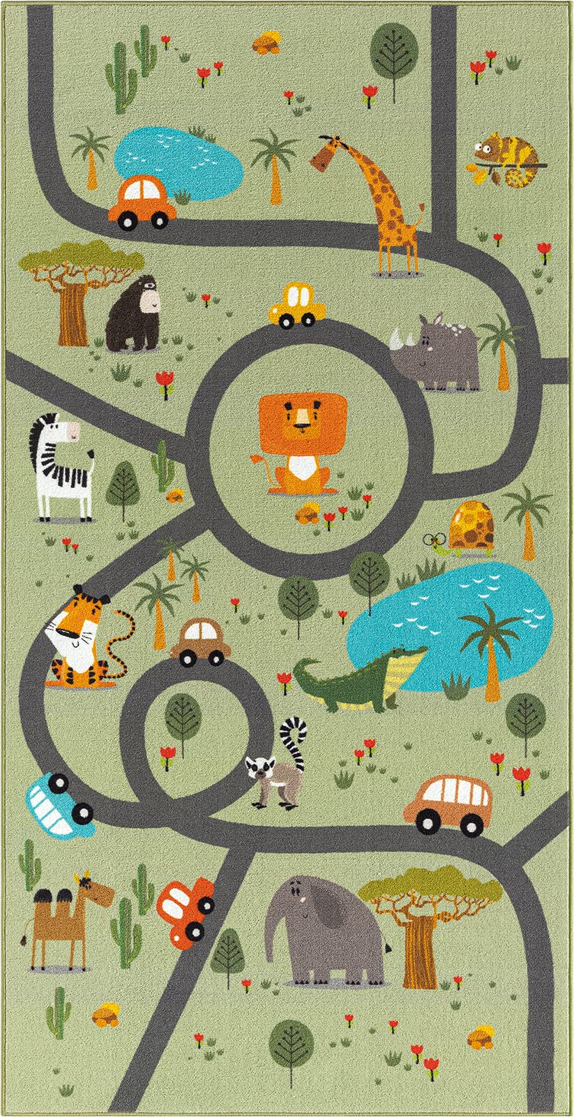 the carpet Happy Life – Kinderteppich Spielteppich mit Strassen‑Motiv, Dschungel, Tiere & Autos, rut