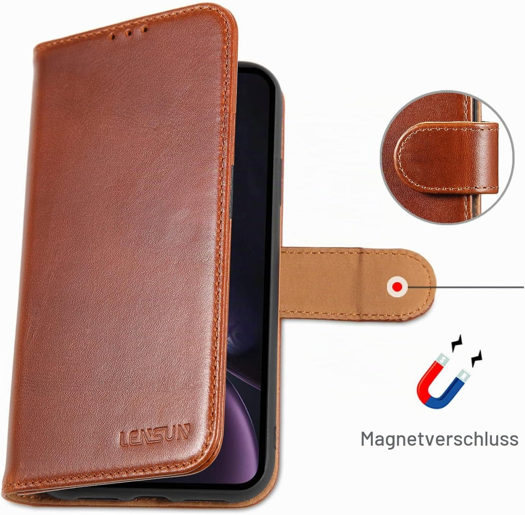 LENSUN Echtleder Hülle für iPhone XR, Handyhülle Leder [Kartenfach][Magnetverschluss][RFID Schutz] H