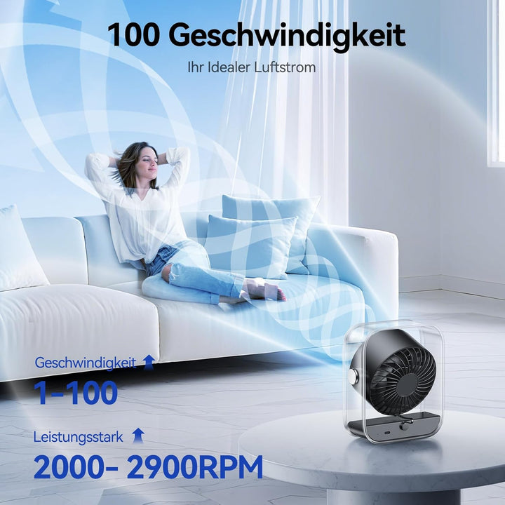 KIMMOO USB-Tischventilator Wiederaufladbar, Leiser Tischventilator mit Turbo-Luftstrom, 100 Geschwin
