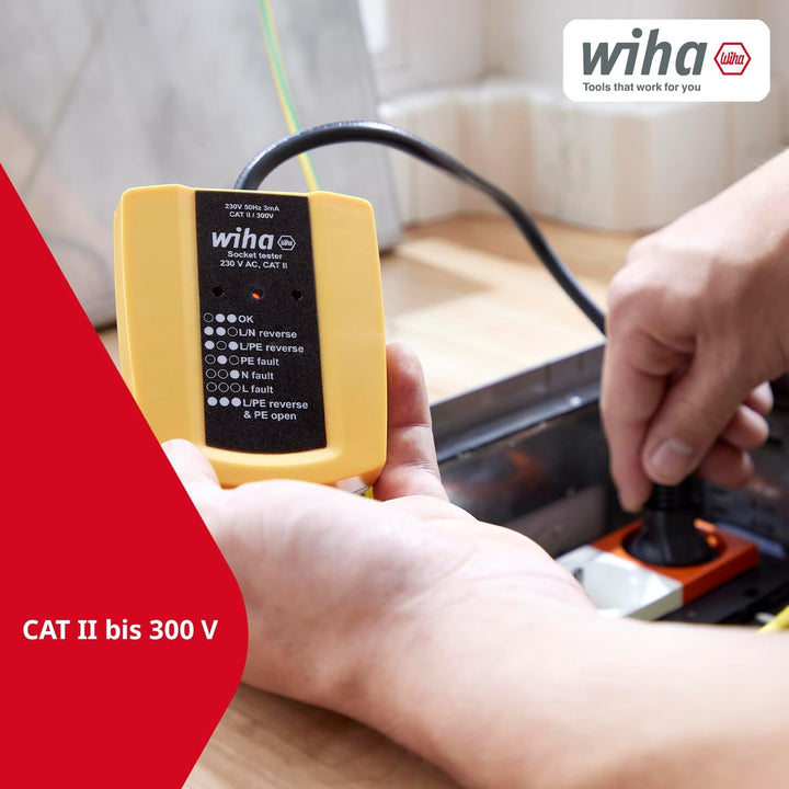Wiha Steckdosentester 230 V AC, CAT II inkl. 2x AAA-Batterien I mit flexiblem Kabel I LED-Anzeige (4