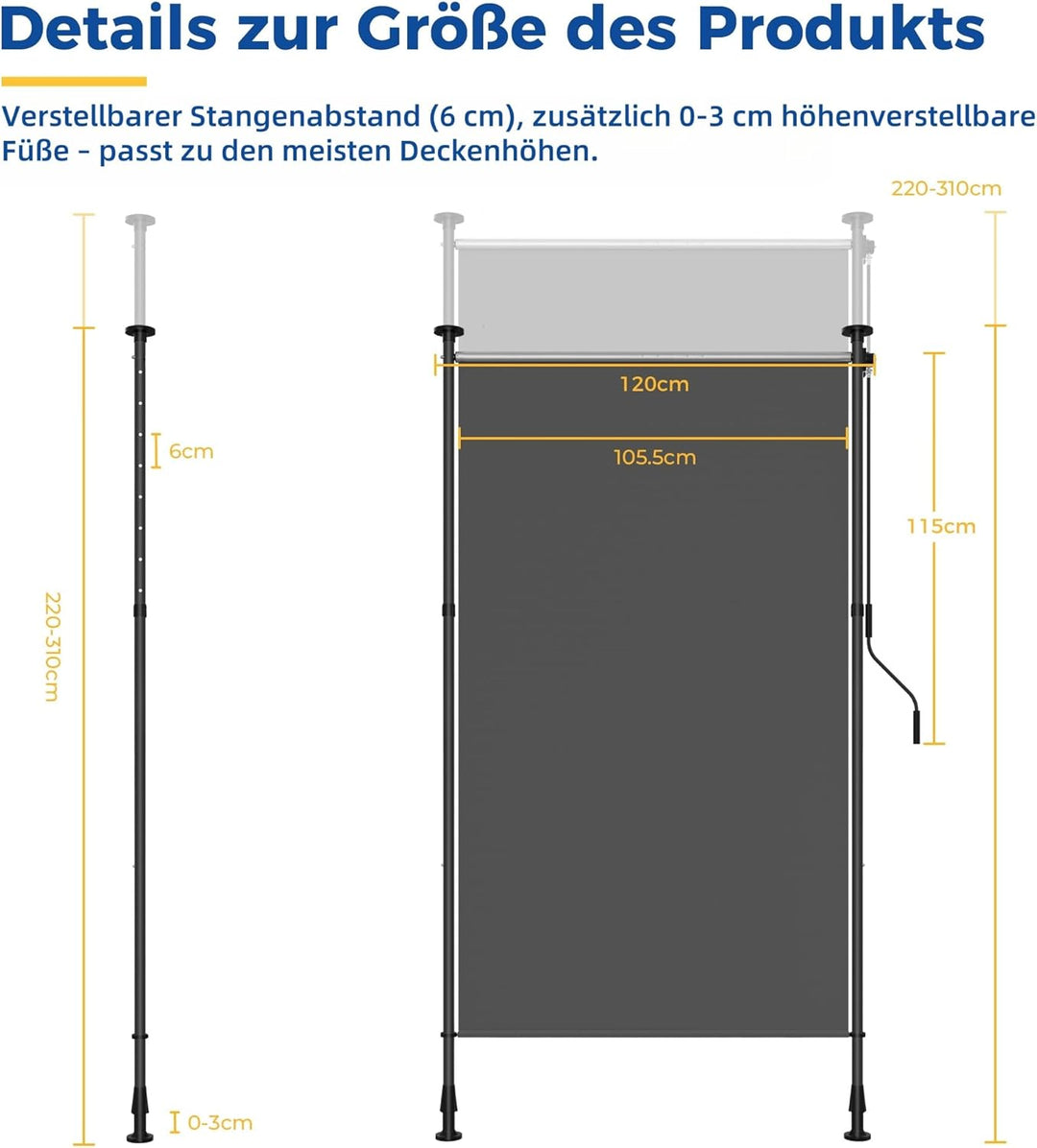 HOMEDEMO Senkrechtmarkise Aussen, Vertikalmarkise ohne Bohren, Balkonrollo mit Handkurbel, Sichtschu