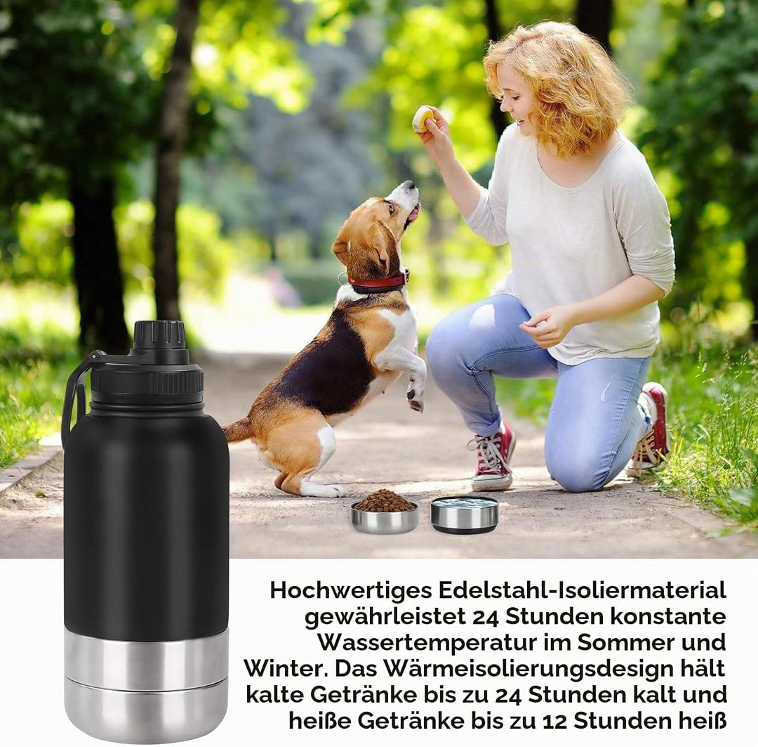 Pets Hundetrinkflasche für Unterwegs, 950ml Isolierte Edelstahl Trinkflasche Hunde mit Futterbehälte