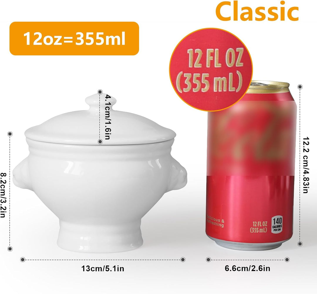 Cinf Weisse Keramik 354 ml Set von 4 Löwenkopf Porzellan Suppenschalen mit Deckel Weihnachtsgeschenk