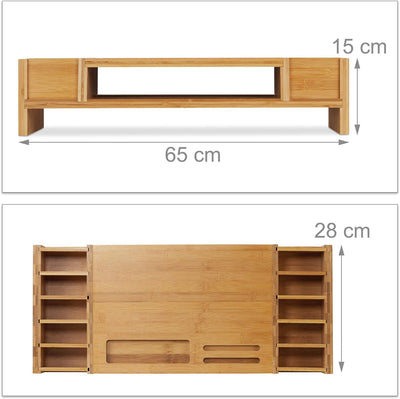 Relaxdays Monitorständer, Bildschirmständer aus Bambus, 14 Fächer, ergonomischer Monitorerhöher, HBT