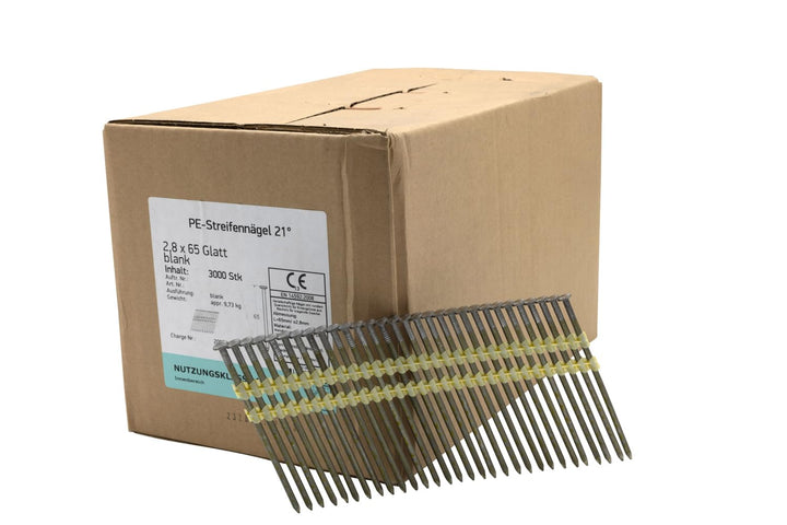 21° Rundkopf Streifennägel - 2,8X65mm, 3.000 stück, Nägel für Druckluft-Nagler, Glatt/verzinkt, für