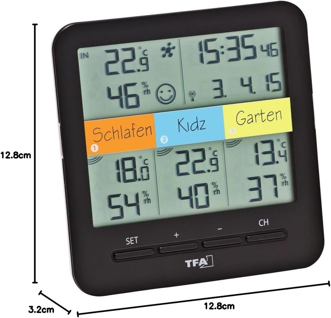 TFA Dostmann Klima Home Hygro-Station 30.3060.01 Funk-Thermo-Hygrometer mit 3 Sendern, Kunststoff, S
