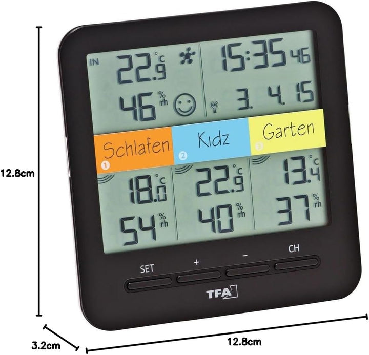 TFA Dostmann Klima Home Hygro-Station 30.3060.01 Funk-Thermo-Hygrometer mit 3 Sendern, Kunststoff, S
