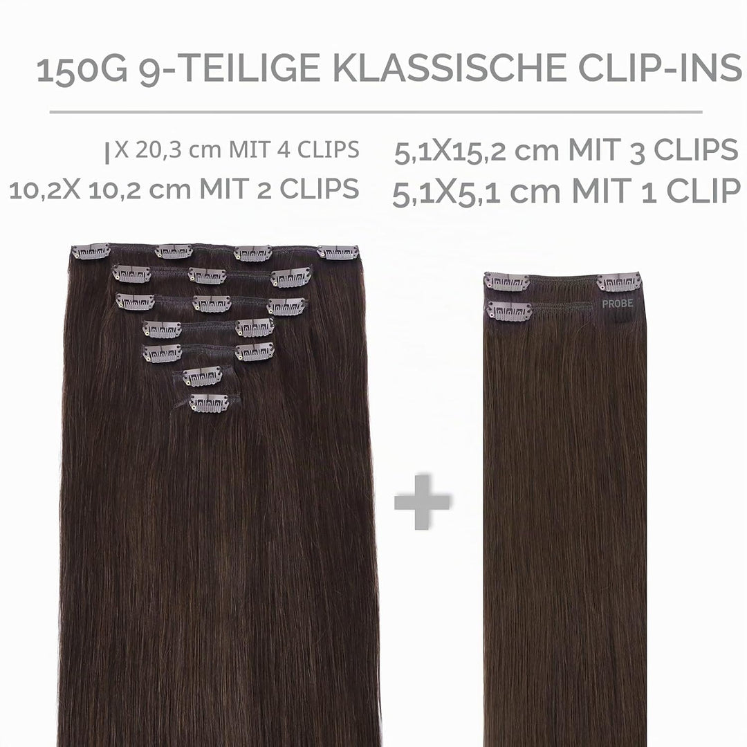 WENNALIFE Haarverlängerung mit Clip, Naturhaar, 150 g, 35 cm, 9 Stück, Dunkelbraun, Hellbraun, Exten