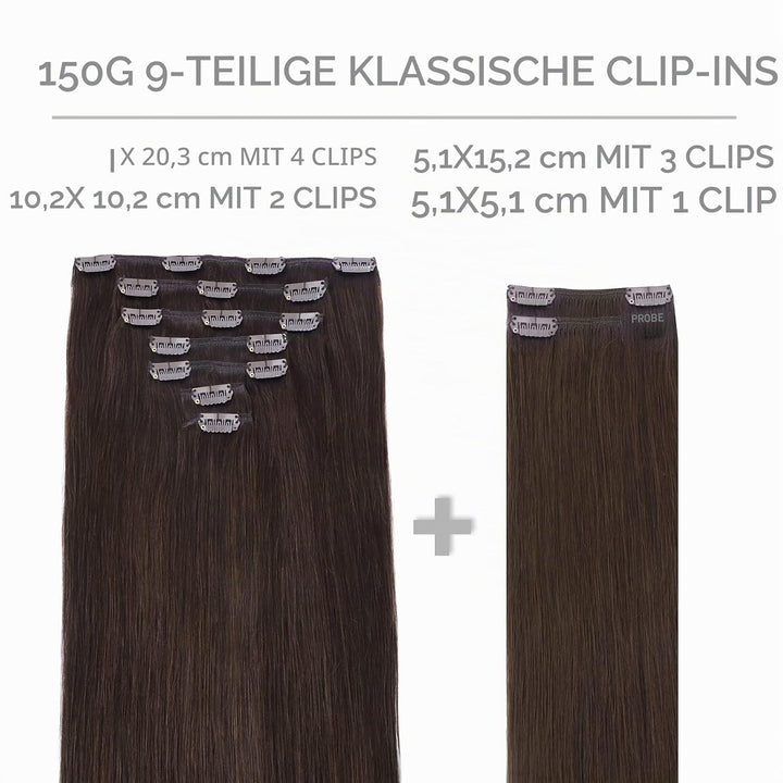 WENNALIFE Haarverlängerung mit Clip, Naturhaar, 150 g, 35 cm, 9 Stück, Dunkelbraun, Hellbraun, Exten