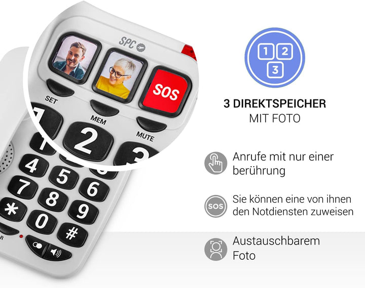 SPC Comfort Numbers 2 – Festnetztelefon für Senioren mit grossen Tasten, 3 Direktspeichern mit Foto,