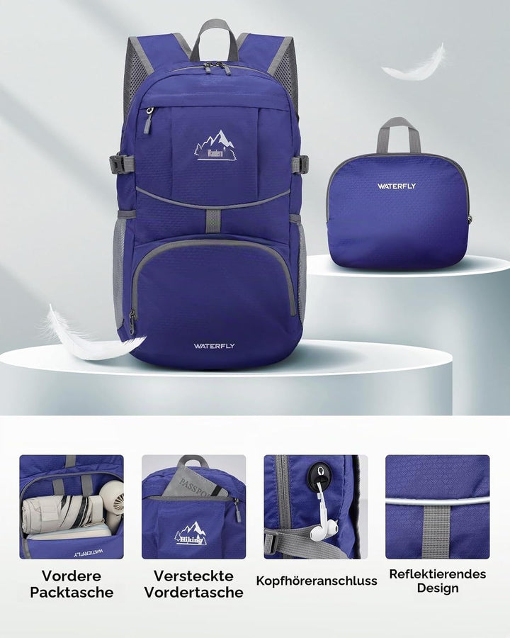 WATERFLY Faltbarer Rucksack Ultraleicht Wanderrucksack: 25L Leichter Tagesrucksack Sportlich Packabl