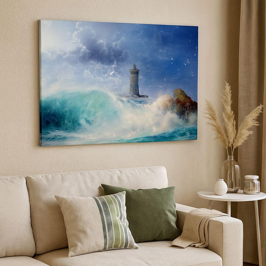 Bilder auf Leinwand Leuchtturm Meer Leinwandbild mit Rahmen 70x50cm Wandbilder Dekoration Wohnzimmer