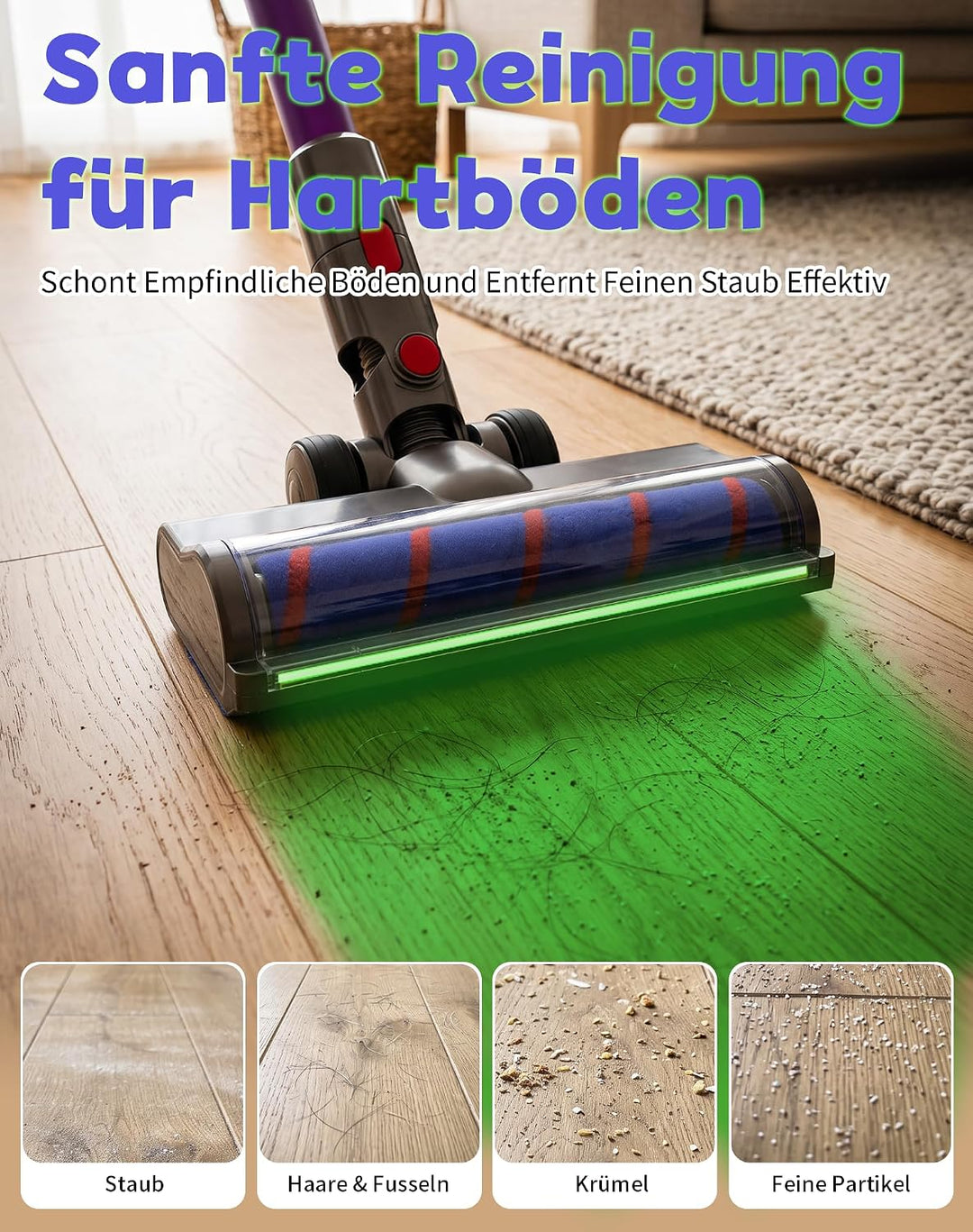 Bürste für Dyson V7 V8 V10 V11 V15 mit Grünem LED Licht, Weichwalze Bodenbürste Geeignet für Hartböd