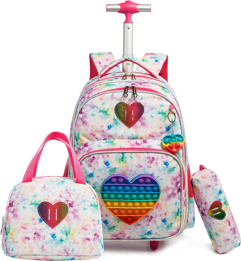 HTgroce Schulranzen mit Rollen für Mädchen Pop it Rucksack 16 Zoll Set 3 in 1 mit Lunch Bag Kinderga