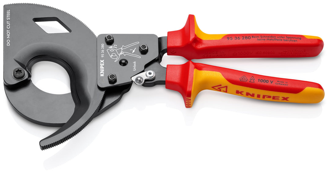 Knipex Kabelschneider (Ratschenprinzip) schwarz lackiert, isoliert mit Mehrkomponenten-Hüllen, VDE-g