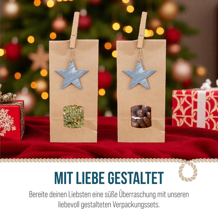 Logbuch-Verlag 20 kleine Weihnachten Tüten mit Holzsterne Anhänger 10 x 6,5 x 27,5 cm innen beschich