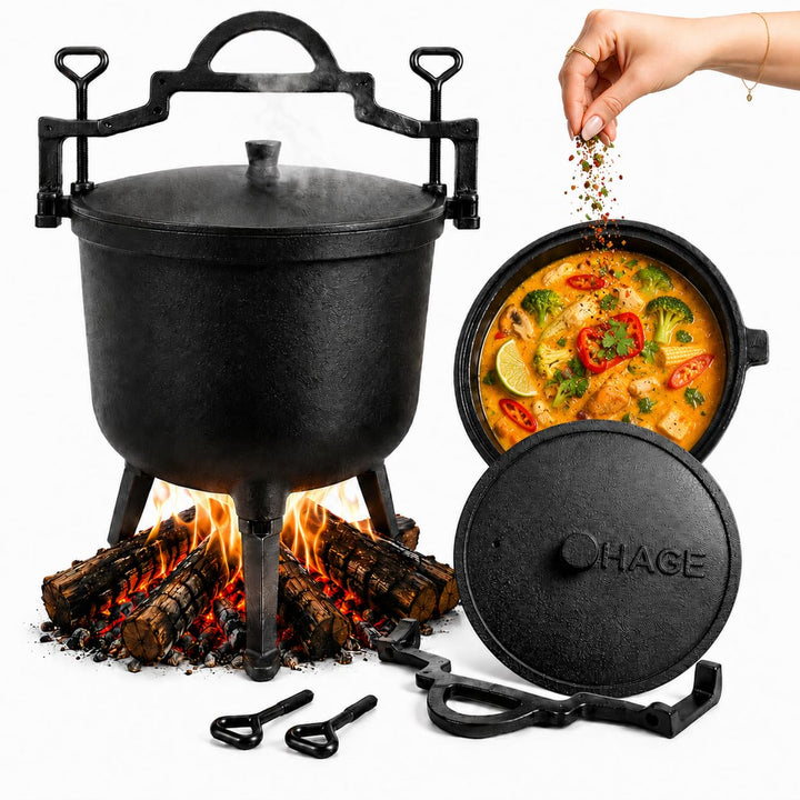 HAGE Gulaschkessel Gusseisen 8L mit Deckel und Standfüssen Dutch Oven Feuertopf für Lagerfeuer Grill