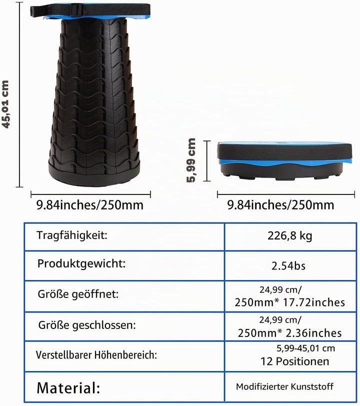 FIEMACH Tragbarer Klapphocker, Teleskophocker Faltbar Campinghocker für Outdoor Camping Angeln BBQ D