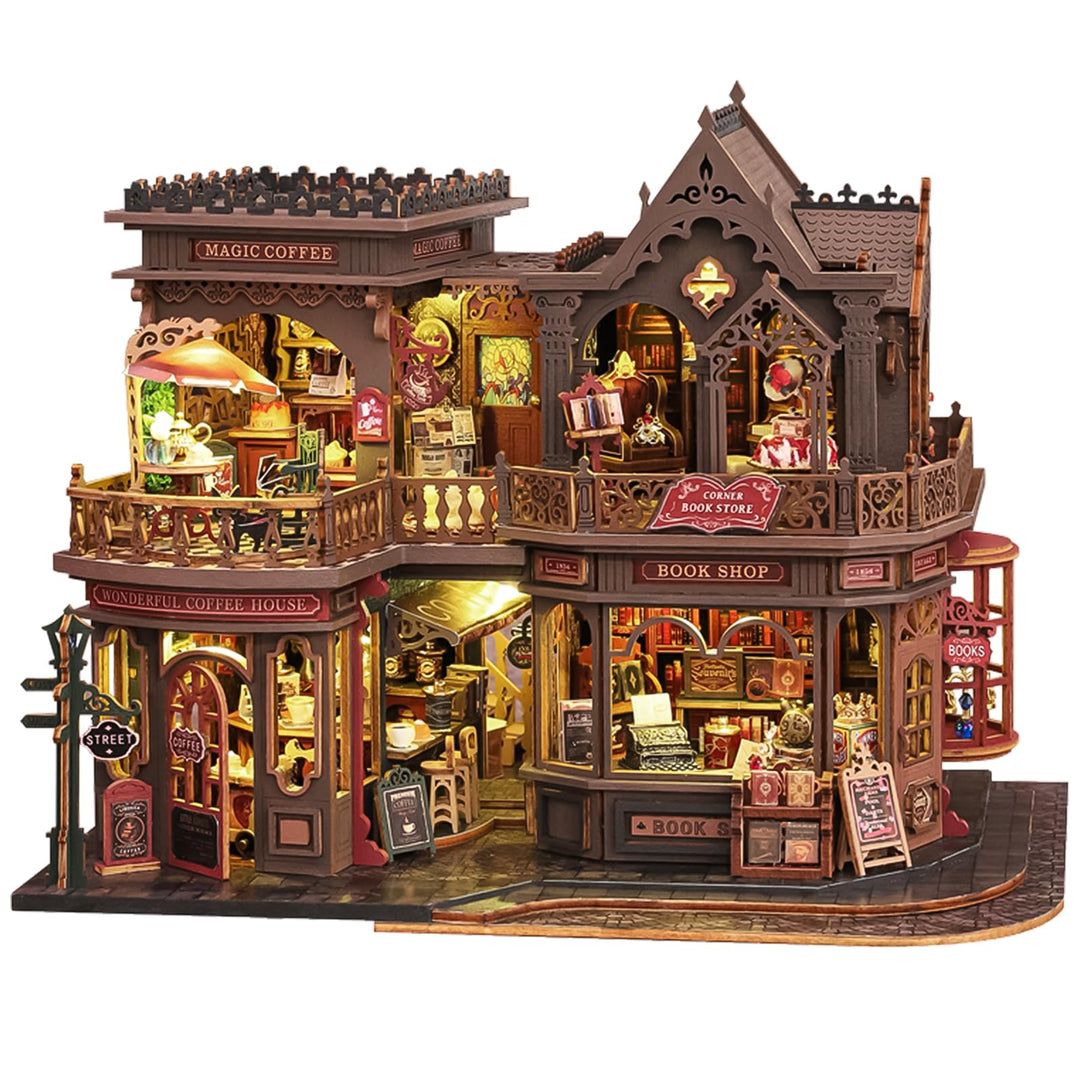 Spilay Miniatur Haus, Letter Coffee DIY Miniature House mit LED-Licht, 3D Holz Puppenhaus Bastelset