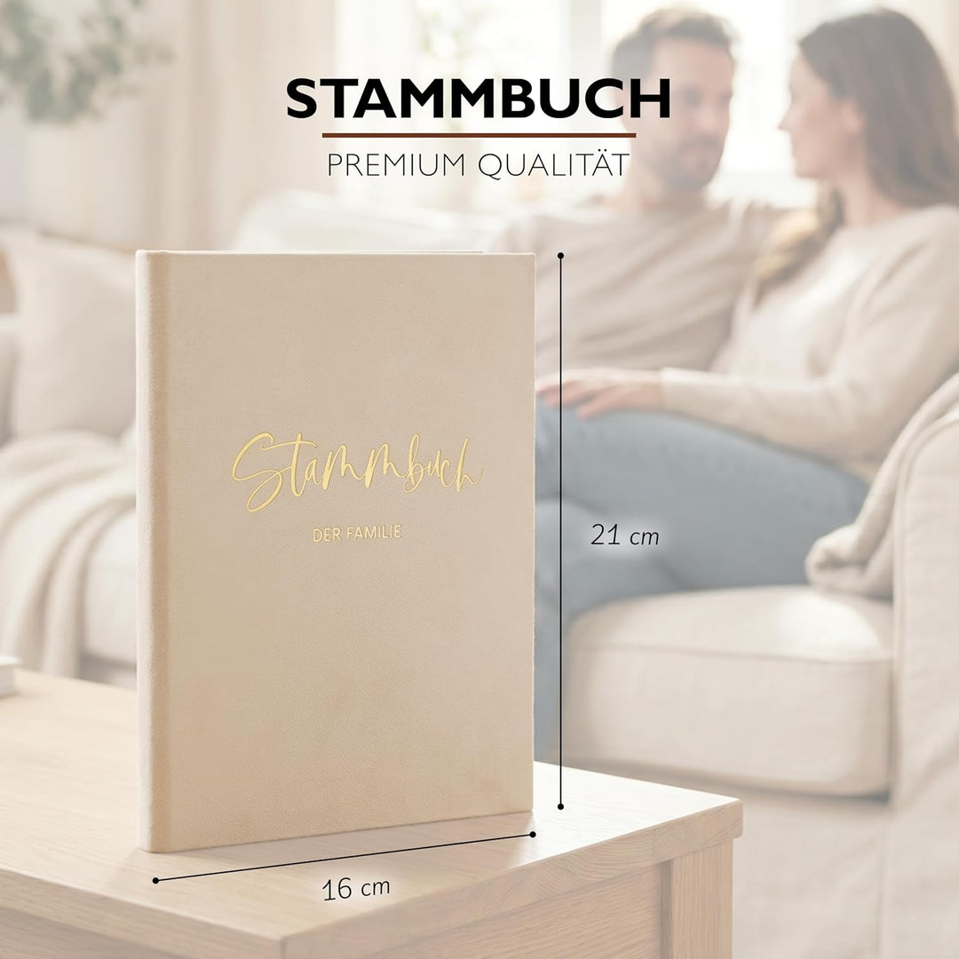 Stammbuch Hochzeit Beige-Grau Gold Samt Velour, handgefertigt inkl. vorgedruckten Innenseiten -Stand