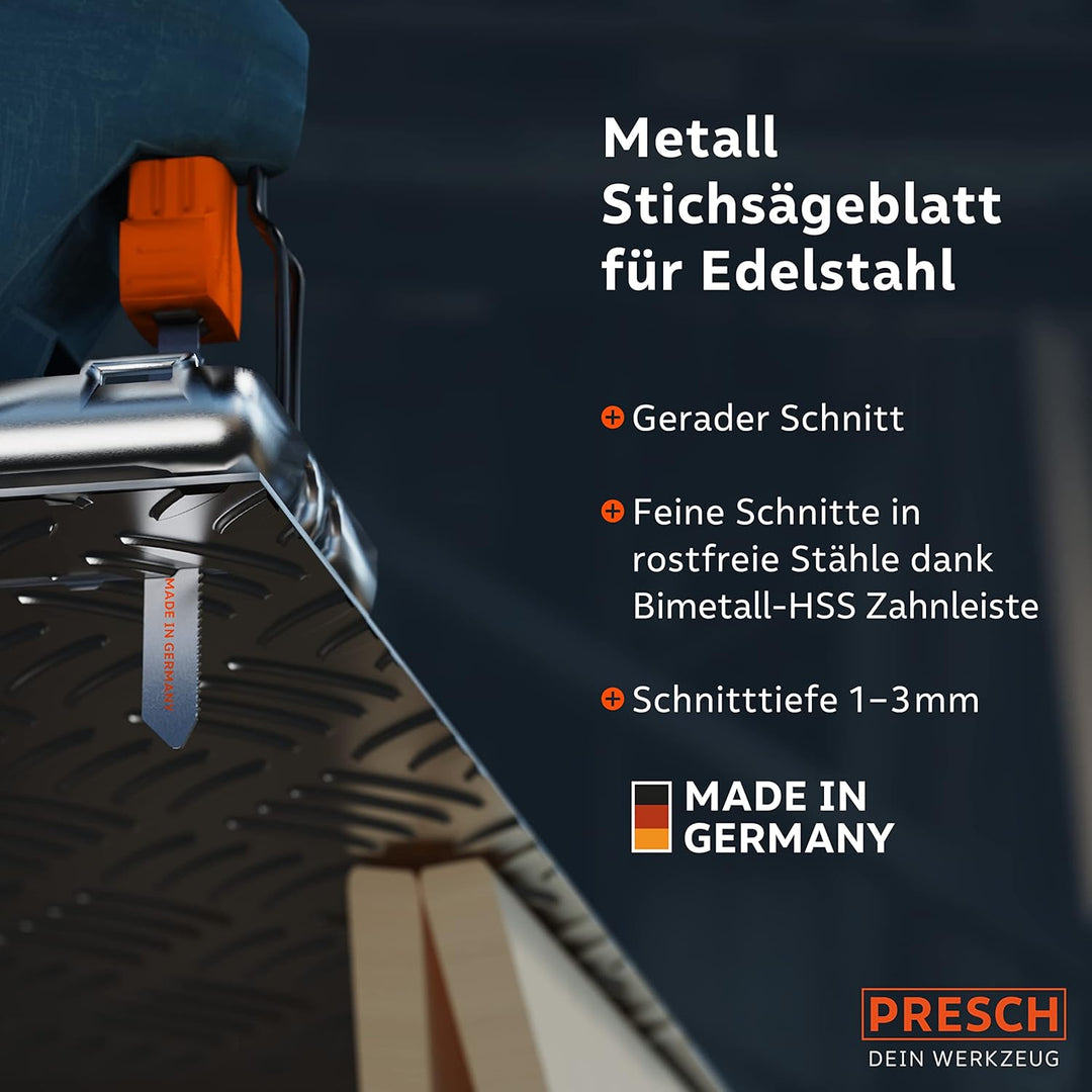 Presch Stichsägeblätter Metall Profi 10 Stk. (Edelstahl, Metall) - Für rostfreie Stähle (1-3mm) - Pr