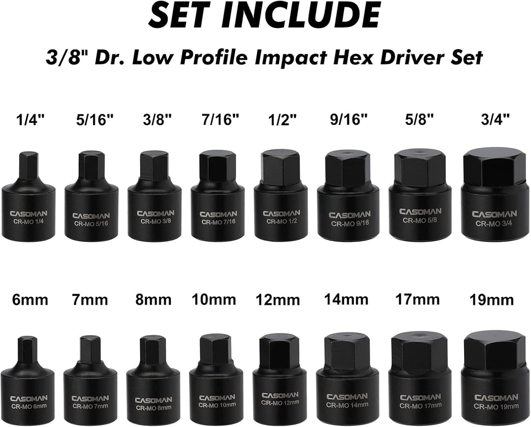 CASOMAN 16 Piece 3/8 Inch Drive Low Profile Impact Hex Driver Set, Cr-Mo, 1/4"-3/4", 6mm-19mm, Impac