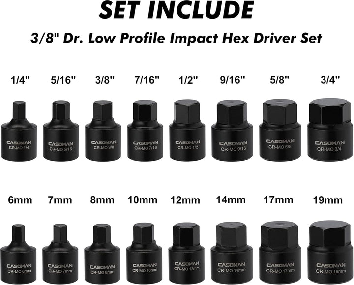 CASOMAN 16 Piece 3/8 Inch Drive Low Profile Impact Hex Driver Set, Cr-Mo, 1/4"-3/4", 6mm-19mm, Impac