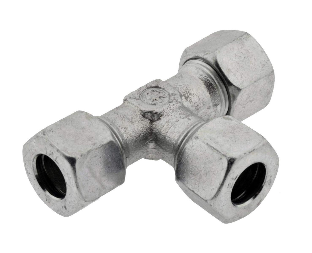 T - Schneidringverschraubung 22 L - 15 L - 22 L, Stahl verzinktes T Stück leichte Baureihe