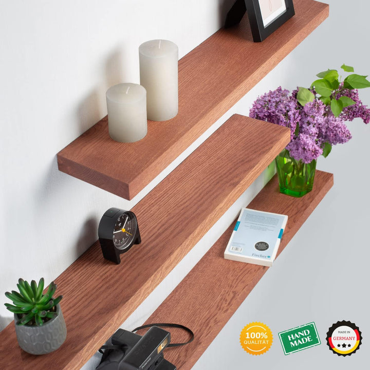 Rikmani Wandregal Holz Eiche massiv rot - Handgefertigtes Regal Bücherregal Holzregal Wandboard HOLY