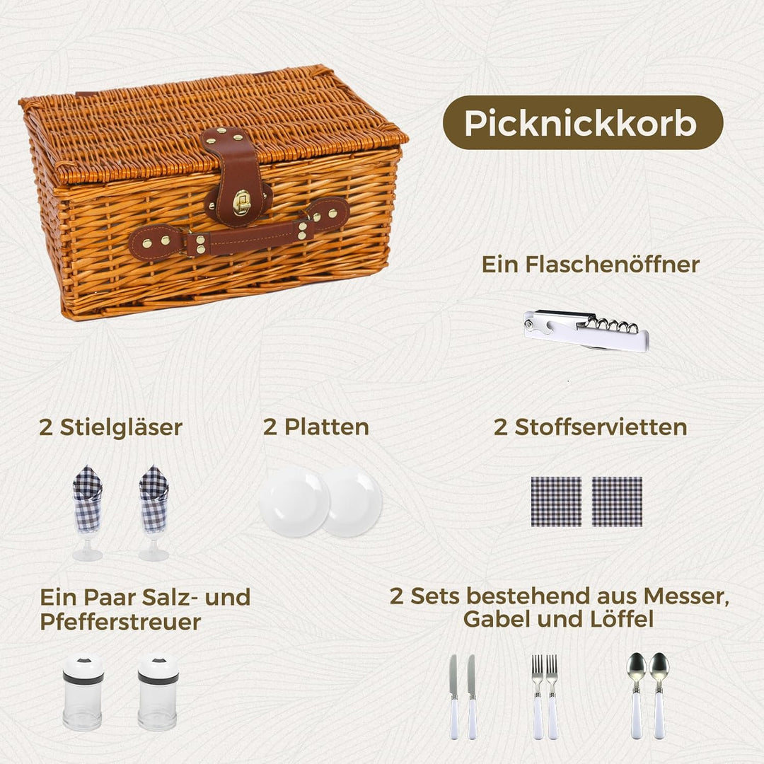 Picknickkorb Set für 2 Person mit Kühlfach, Abnehmbarer Riemen, Weinbeutel, Besteck Set, für Camping