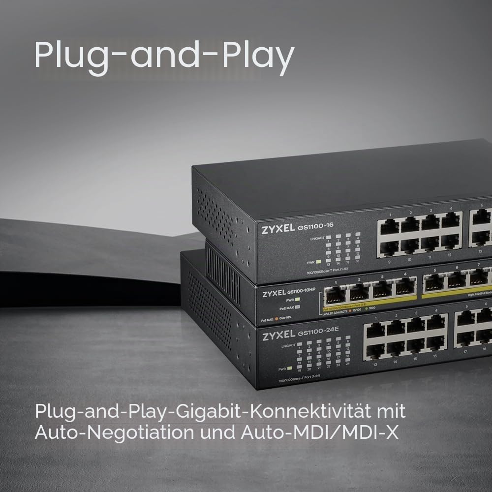 Zyxel 16-Port Gigabit Ethernet Unmanaged Switch - Design ohne Lüfter [GS1100-16v3] Single, Single