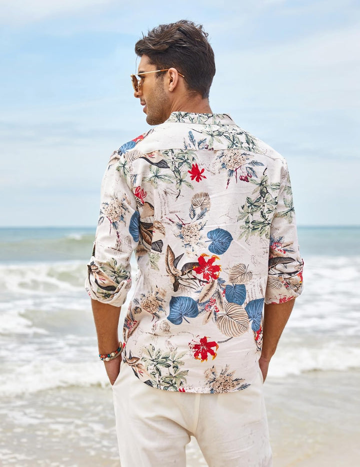 COOFANDY Herren Hemd Langarm Henley Shirt Leinenhemd Baumwolle Casual Regular Fit Sommerhemd Khaki-b