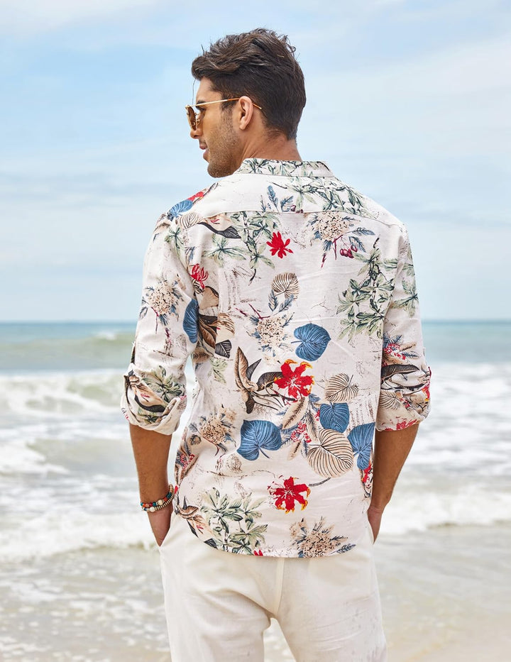 COOFANDY Herren Hemd Langarm Henley Shirt Leinenhemd Baumwolle Casual Regular Fit Sommerhemd M Khaki
