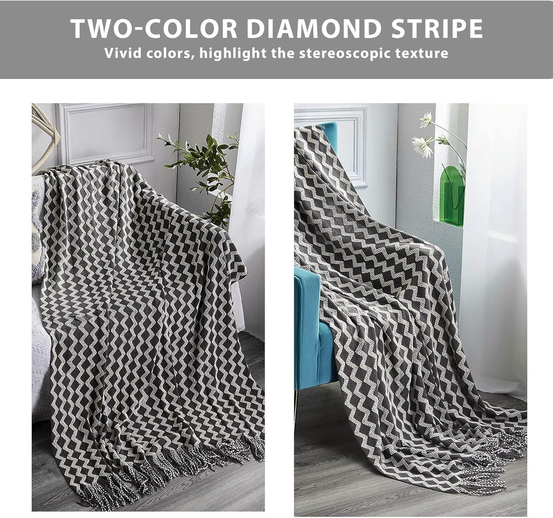 LumiSyne Gestrickte Decke Mit Quaste Zweifarbig Diamantn Streifen Muster Leicht Weich Wohndecke Sofa