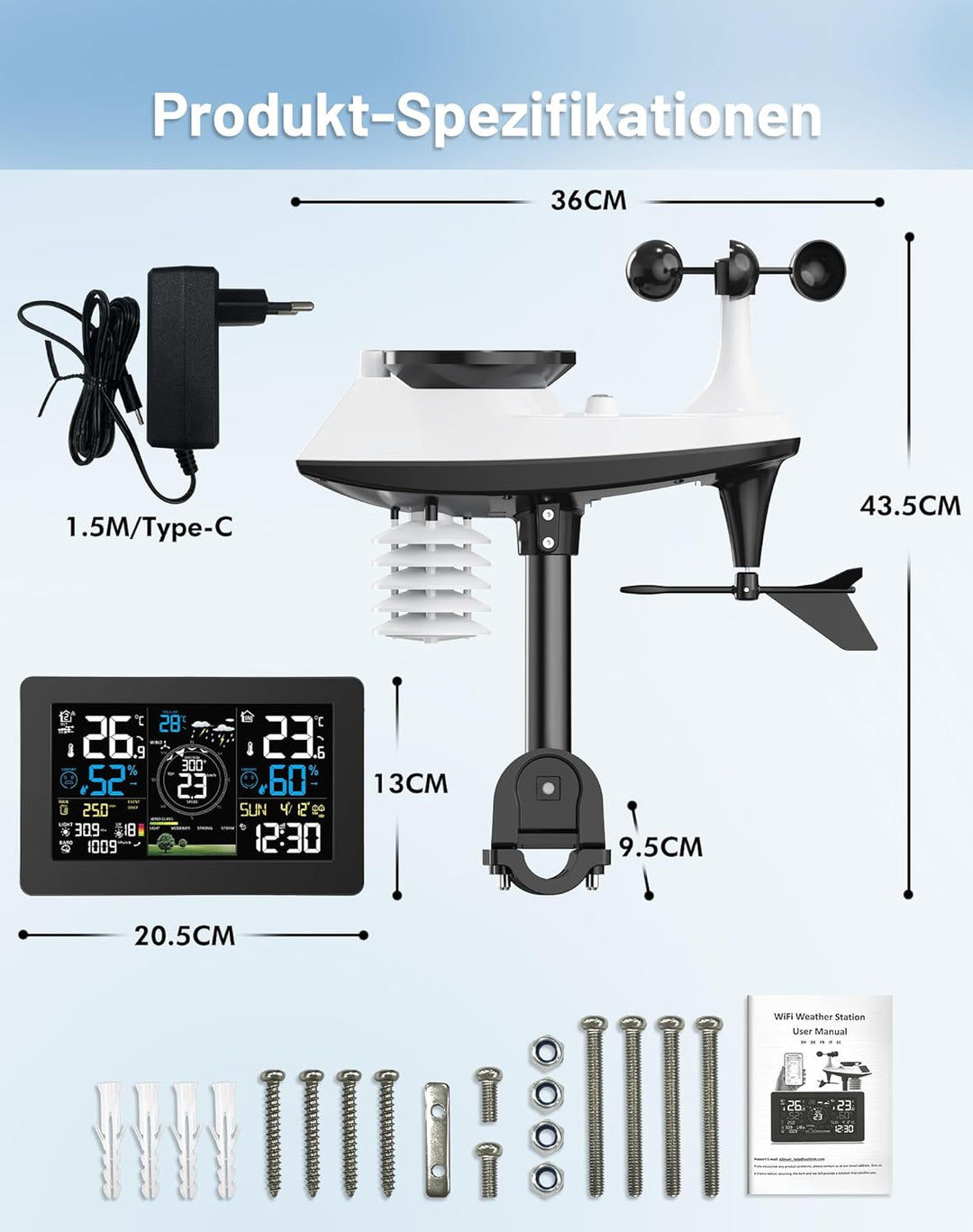 WLAN Wetterstation mit Aussensensor, 11-in-1 Profi Funkwetterstation mit Windgeschwindigkeit Windric