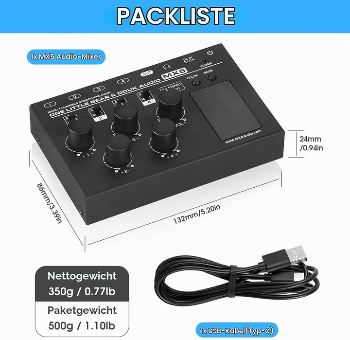 Douk Audio MX5 Mono/Stereo 4-Kanal Audio Mixer Ultra-rauscharmer Line Mixer LED Pegelmesser