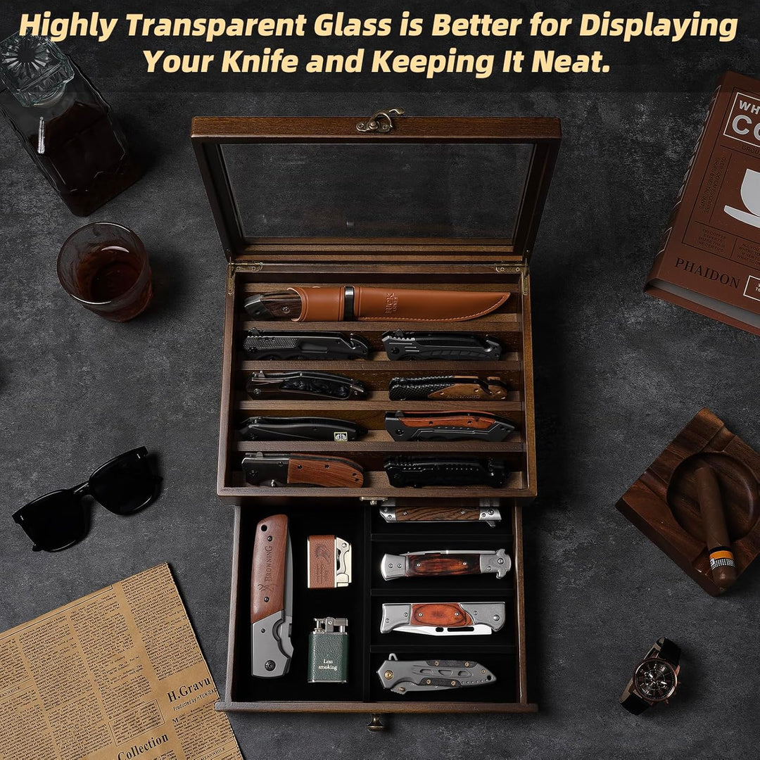 2 Etagen Messerhalter, Holz Messerständer, Messer Vitrine mit Schublade und Hochauflösendem Glas, Sa
