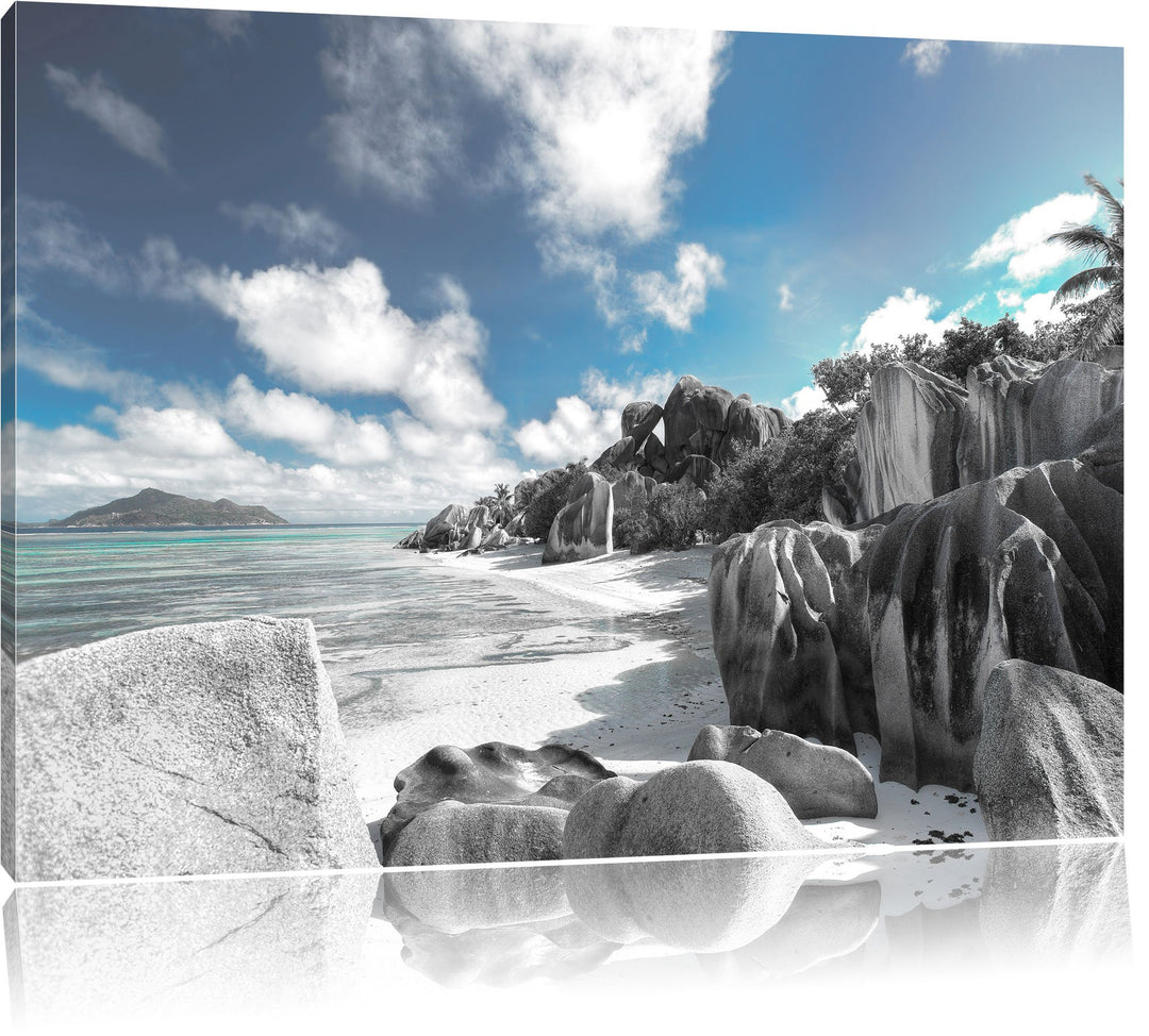 Pixxprint Seychellen Strand als Leinwandbild/Grösse: 100x70 cm/Wandbild/Kunstdruck/fertig bespannt,