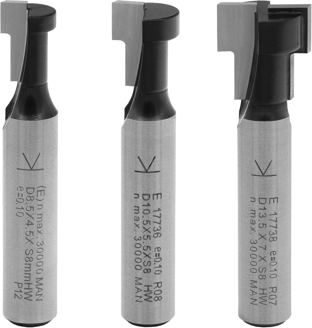 ENT 09003 3-tlg. HW T-Nutfräser-Set optimiert für M5 M6 und M8 Schrauben, HW, Schaft (S) 8 mm - Nute