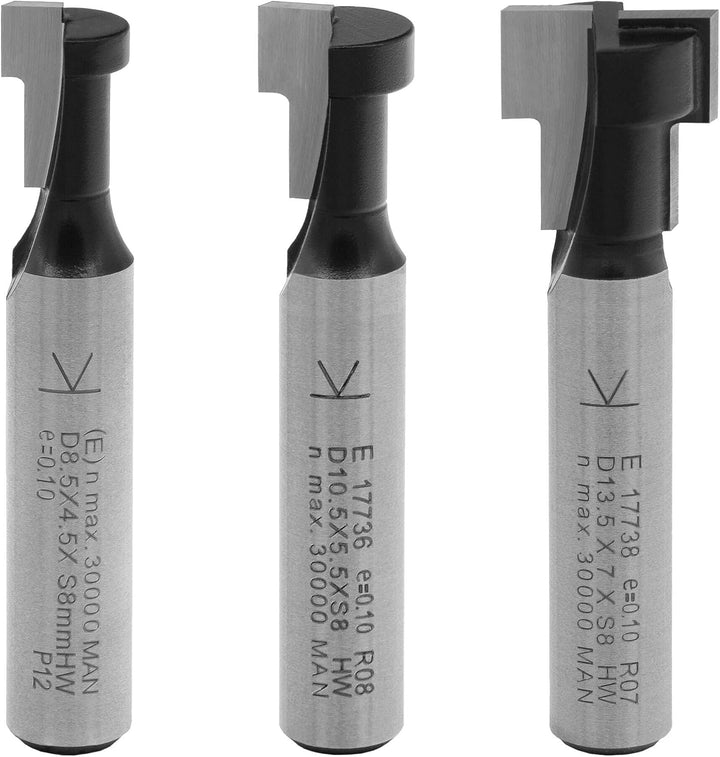 ENT 09003 3-tlg. HW T-Nutfräser-Set optimiert für M5 M6 und M8 Schrauben, HW, Schaft (S) 8 mm - Nute