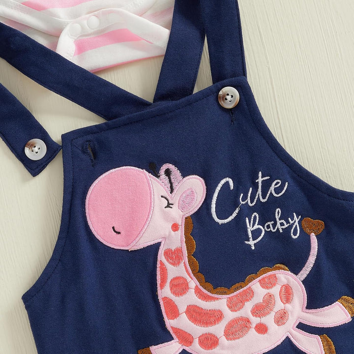 3tlg Baby Mädchen Kleidung Langarm Gestreiftes Strampler + Latzhose mit Giraffenmuster + Babyhut Out